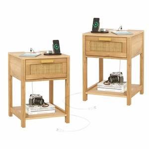 lot 46023 image: Rovaurx Rattan Set of 2 Nightstand with Charging Station, Wooden End Table with Storage Drawer and Opening Shelf, Bedside Table, Natural RCTG109ME02 - Retail $113.82