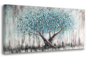 lot 46028 image: Arjun Tree Wall Art Teal Blue Nature Tree of Life Abstract Canvas Painting Textured Picture, Modern Large Panoramic Landscape Artwork Framed for Living Room Bedroom Bathroom Office Home Decor 40x20