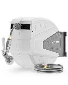 lot 46029 image: Ayleid Retractable Garden Hose Reel,58 in x 100 FT Wall Mounted Hose Reel, with 9- Function Sprayer Nozzle, Any Length LockSlow Return SystemWall Mounted180°Swivel Bracket (Grey) - Retail $176.07