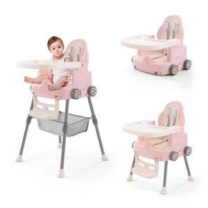 lot 46036 image: High Chairs for Babies and Toddlers, Portable 3 in 1 High Chair, Adjustable Convertible Compact Infant Baby Feeding Chair Booster with Detachable Double Tray, 5 Point Harness, Foot Rest Pink