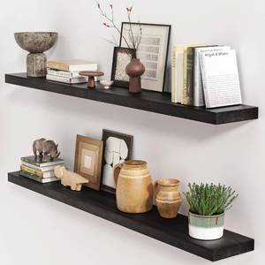 lot 46052 image: Black Floating Shelves 48 Inch, Solid Wood Wall Mounted Shelves Set of 2, Extra Long Modern Floating Shelves for Wall Decor & Storage, Shelves for Bathroom Bedroom Kitchen Living Room - Black - Retail $99.55