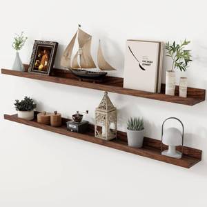 lot 46057 image: Axeman Oak Floating Shelves 48 Inch Picture Ledge Shelf Set of 2, Solid Wood Shelves with Lip for Wall Decor Storage Bedroom Living Room Bathroom Kitchen, Walnut - Retail $90.38