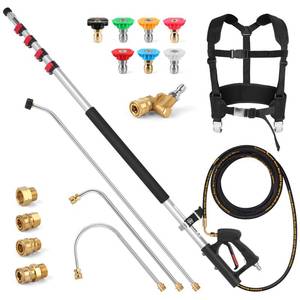 lot 46070 image: 24 FT Telescoping Pressure Washer Wand with Power Washer Extension Wand, Gutter Cleaner Attachment, 4 Adapters, 7 Spray Nozzles & Support Belt Pressure Washer Extension Pole for Wall Roof Gutter