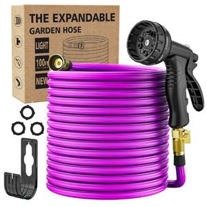 lot 51204 image: 100 ft Expandable Garden Hose with Holder, 2024 Lightweight Water Hose with 10-Function Spray Nozzle, Leak-Proof Multi-Layer Water Hose with 34 Solid Brass Connectors Fittings (Purple, 100 FT)