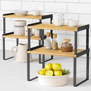 lot 51206 image: Goozii Kitchen Cabinet Organizer Shelves Set of 4, Expandable Counter Shelf Rack for Plate Dish Cup Mug Spice, Stackable Shelf Riser for Pantry Cupboard Desk Top Corner Storage (Bamboo, Black)