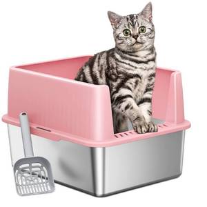 lot 51209 image: ONE PIX Stainless Steel Litter Box, Small Cat Litter Box with Lid, 17 L x 13.3 W x 11.8 H, Metal Litter Box for Kitty Cats with High Sided Enclosure, Non-Sticky, Easy Cleaning, Anti-Leakage