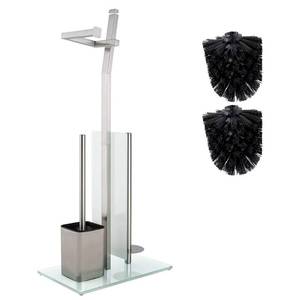 lot 51211 image: WC Set with roll Holder - Brushed Chrome - Toilet Paper Holder - Stainless Steel Chrome-Plated - Glass Base -Dim. 32x20x70cm- Easy Installation - Plus 12 Extra Toilet Brush Heads for Exchange