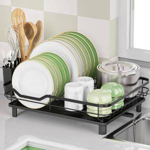 lot 51217 image: ROTTOGOON Dish Drying Rack, Stainless Steel Rustproof Dish Rack for Kitchen Counter, Sturdy Dish Drainer with Drainboard, Drainage, Utensil Holder for Various Kitchenware, 16.2(L) x 12.6(W), Black