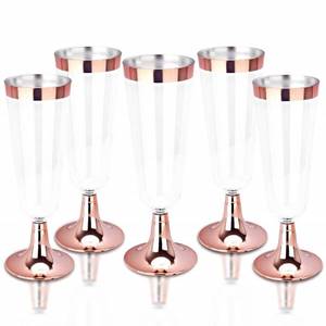 lot 51243 image: bUCLA 100 Pack Rose Gold Plastic Champagne Flutes - 5OZ Plastic Champagne Glasses With Rose Gold Rim - Premium Quality Rose Gold Disposable Cups-Ideal for Mothers DayPartiesWeddings