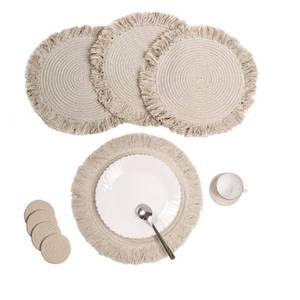 lot 51248 image: The Fine Living Co. Braided Cotton Placemats (Set of 4, 15 Inches) with 4-Free Coasters, Washable Anti-Slip Heat Resistant Mats, Boho Woven Round Table Mats for House Decor, Kitchen and Dining