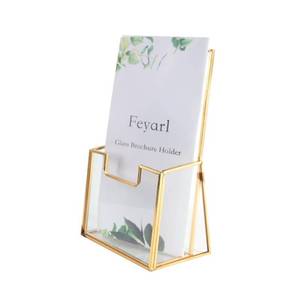 lot 51269 image: Feyarl Gold Glass 4 Inch Brochure Holders Pamphlets Cards Literature Holder Flyer Trifold Holder Glass Display Stand for Brochures Magazines Literatures Display Countertop