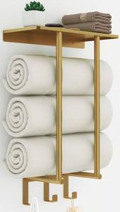lot 51279 image: Towel Rack with Metal Shelf and 3 Hooks, Bethom Towel Racks for Bathroom Wall Mounted, Metal Gold Bath Towel Holder Storage Wall for Small Bathroom