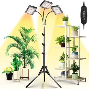 lot 51286 image: LBW Grow Light with Stand, Tri-Head LED Plant Light for Indoor Plants, Full Spectrum 150 LEDs, 3612H Timer, 6 Dimmable Levels, 3 Switch Modes, Adjustable Tripod Stand 15-63 inches