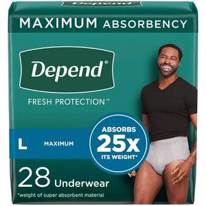 lot 51297 image: Depend Fresh Protection Adult Incontinence Underwear for Men, Disposable, Maximum, Large, Grey, 28 Count, Packaging May Vary
