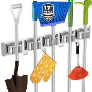 lot 51303 image: reliahom Broom Holder Mop Hanger Wall Mount Metal Organization Garage Storage System Garden Kitchen Tool Organizer(5 Racks with 4 Hooks, Silver)