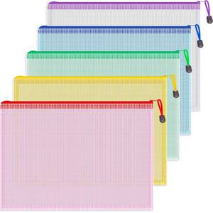 lot 51333 image: Koogel 5PCS Mesh Zipper Pouches, Zipper File Bags Poly Zip Envelopes Waterproof Puzzle Bags for A4 Paper Travel Office School Cosmetics