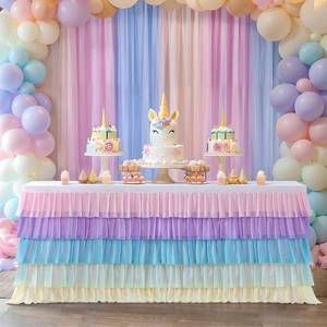 lot 51335 image: Pastel Rainbow Table Skirt Ruffle Party Tablecloth for Rectangle Table 6ft Birthday Party Baby Shower