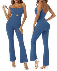 lot 51336 image: Wenlia Black Jumpsuit Flare for Women Tummy Control Body Suit, Strappy Hellow Out One Piece Flared Leggings Jumpsuit Romper, Black Small