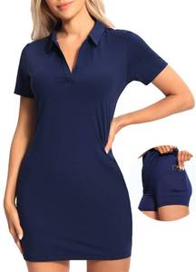 lot 51343 image: Hiverlay Women Golf Polo Dress with Shorts and Pockets Short Sleeve V Neck Collar Tennis Dress Ladies Athletic Dresses Navy XS