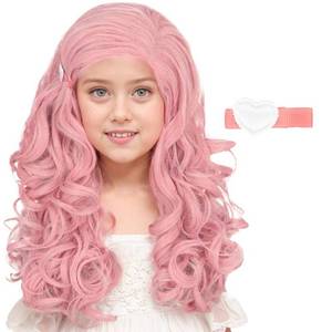 lot 51345 image: Girls Long Pink Wave Wig with Barrette Halloween Cosplay Party Costume Wig