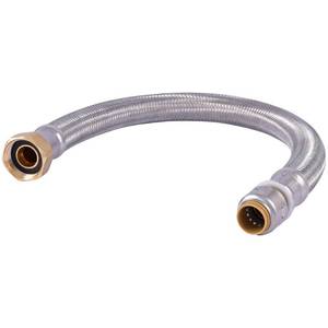 lot 51368 image: SharkBite Max 12 Inch x 34 Inch FIP x 18 Inch Stainless Steel Braided Flexible Water Heater Connector, Push to Connect Brass Plumbing Fitting, PEX Pipe, Copper, CPVC, PE-RT, HDPE, UR3068FX18