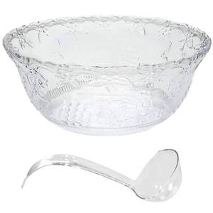 lot 51413 image: Premium Large Clear Punch Bowl Plastic Lightweight 2 Gallon with Clear Plastic Serving Ladle 5 oz Embroidered Design 8 Quart Serving Bowl