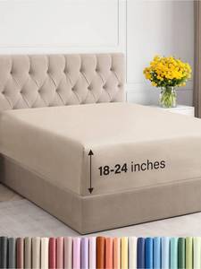 lot 51422 image: Extra Deep King Fitted Sheet - Hotel Luxury Single Fitted Sheet Only - King Sheet Easily Fits 18 inch to 24 inch Mattress - Soft, Wrinkle Free, Breathable & Comfy Extra Deep Pockets Wheat Fitted Sheet