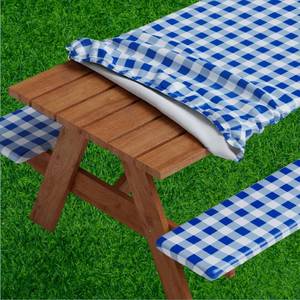 lot 51425 image: Sorfey Picnic Table Cover with Bench Covers -Fitted with Elastic, Vinyl with Flannel Back, Fits for Table 30x 72 Rectangle,Water Proof, Checked Blue Design