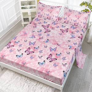 lot 51434 image: Datura home Sheet Set 4Pcs Fitted and Flat Girls Pink Flower Butterfly Printed with 1  2 Pillowcases for (Pink Queen), Queen 91x102 inches