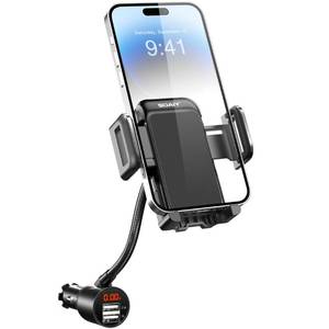 lot 51472 image: SOAIY 3-in-1 Cigarette Lighter Car Mount  Voltage Detector (Not for Center Console & Window), Dual USB 3.1A Charger with Adjust Gooseneck & 360° Rotating Car Mount Cradle for 1.7-3.7inch Width Phones