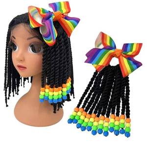 lot 51491 image: Kids Ponytail Hair Extension Braid Girls Braided Ponytail Hair Extension Clip On Go For Girls Beads,Black Hair Band & Bow Included,Detachable and Reusable (Rainbow color)