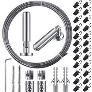 lot 51504 image: 196 Inch 5 m Wire Curtain Rod Room Divider Wire Curtain Hanging System with 24 Clips Adjustable Curtain Drape Wire Rod Set for Tapestry Photo Picture Kids Craft Art Display Wall Window Decor