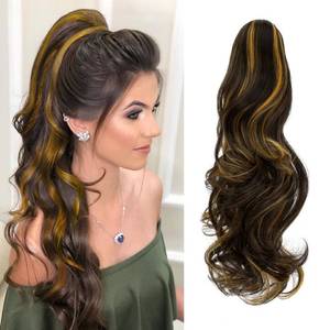 lot 51538 image: FELENDY Ponytail Extension Claw 18 20 Curly Wavy Straight Clip in Hairpiece One Piece A Jaw Long Pony Tails for Women (Dark Brown Mix Ginger,Curly)