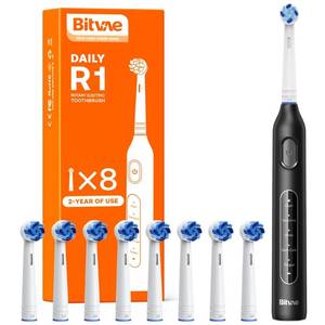 lot 51547 image: Bitvae R1 Rotating Electric Toothbrush with 8 Brush Heads for Adults and Kids, 60-Day Battery Life, 5 Modes Rechargeable Power Toothbrush with 2-Minute Smart Timer, Black