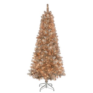lot 6270491 image: Puleo International Rose Gold Tinsel 6.5 ft. Pre-Lit Artificial Christmas Tree
