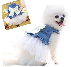 lot 6270511 image: Blue Denim Dog Dresses for Small Dog Girl Spring Summer Puppy Clothes Fancy Dress for Dog Cat White Lace Dog Tutu Outfit XS