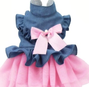 lot 6270512 image: Blue Denim Dog Dresses for Small Dog Girl Spring Summer Puppy Clothes Fancy Dress for Dog Cat White Lace Dog Tutu Outfit Medium