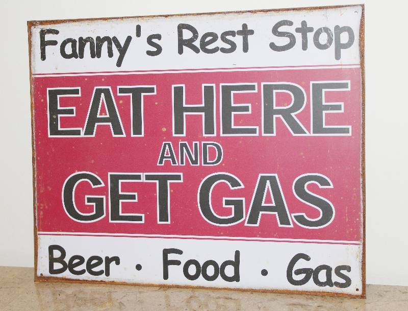 lot 7270 image: Eat Here, Get Gas Metal Sign- 15 by 12 Inches- Very Cool