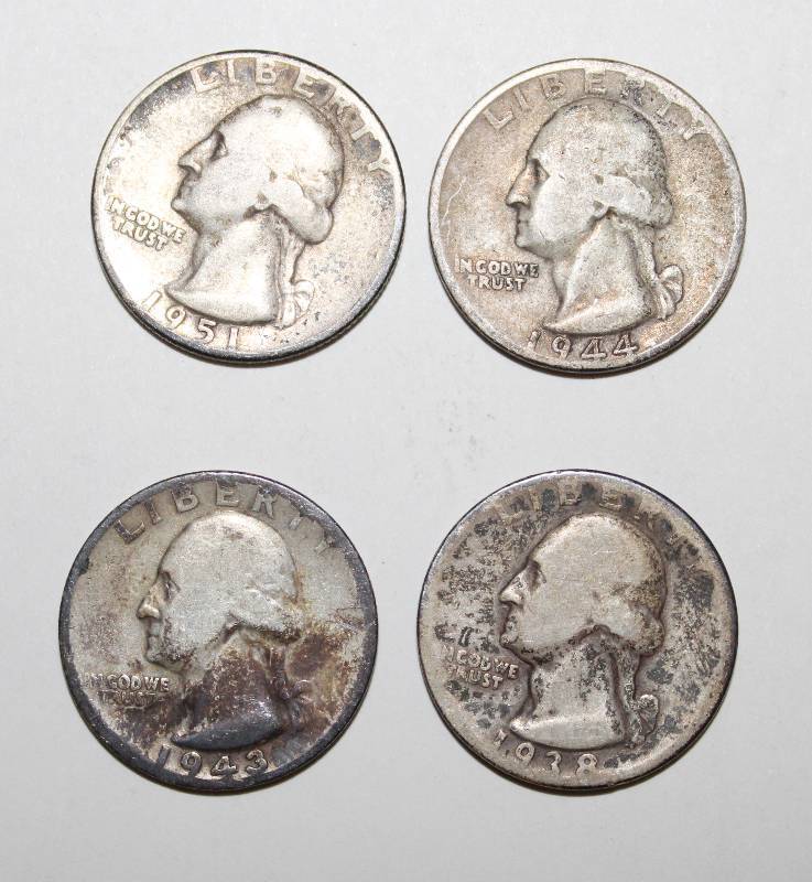 lot 7289 image: 4 Silver Quarters- 1938, 1943, 1944 and 1951- Very Cool