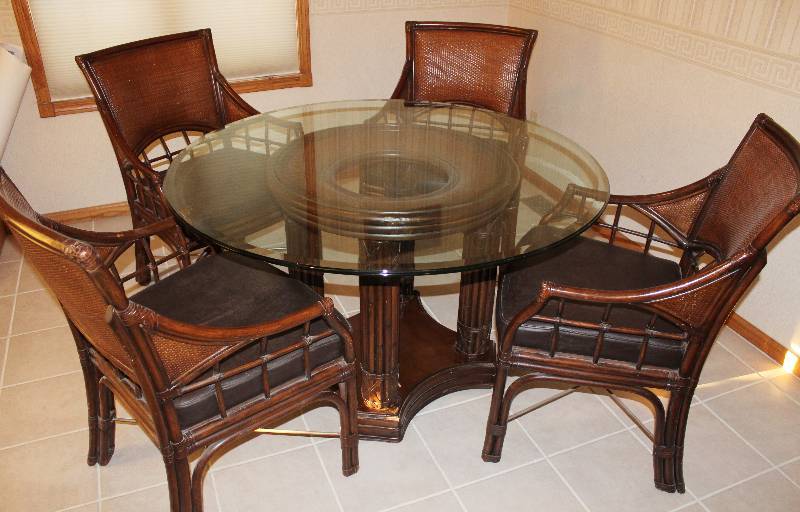 lot 7295 image: 5 Piece Rattan Dinette- Glass Top Table w 4 Chairs