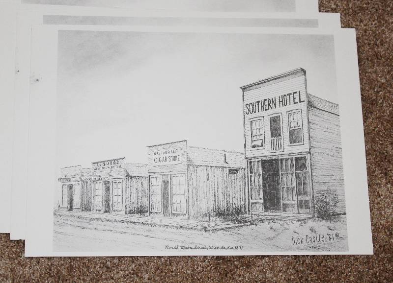 lot 7330 image: Lot of 7 Unframed Ink Sketch Prints- North Main Street, Wichita KS, 1870- VERY Neat