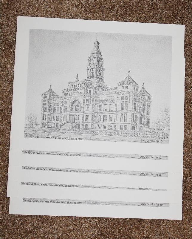 lot 7331 image: Ink Sketch Prints of the Sedgwick County Courthouse, Circa 1901- Signed and Numbered by Artist- Very Cool