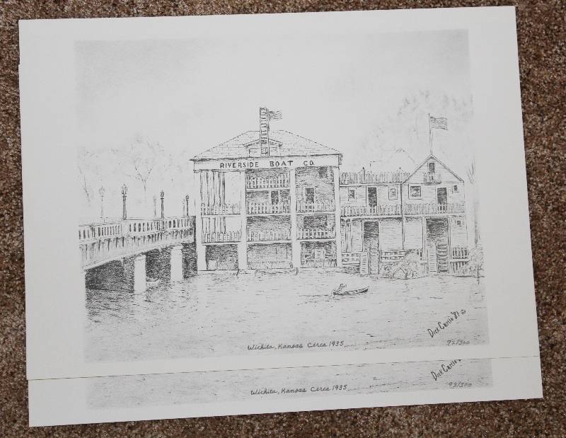 lot 7333 image: 2 Ink Sketch Prints of Riverside Boat Company (Wichita Boathouse)- By Artist Dick Castle in 1981- Very Cool