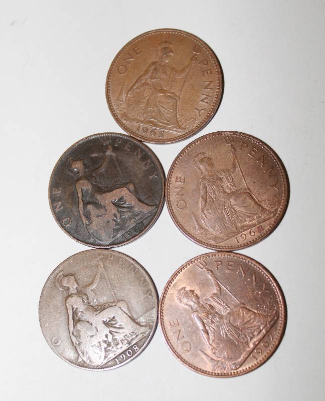 lot 7362 image: Lot of 5 British Pennies- Years 1907, 08, 65, and 67- How Neat