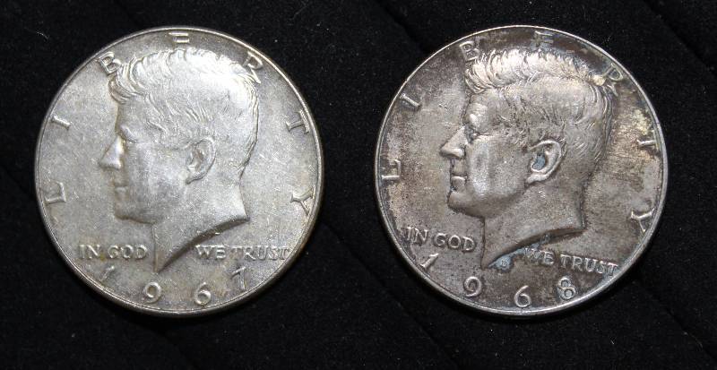 lot 7378 image: Lot of 2 Silver Clad Kennedy Half Dollars- 1967 and 1968