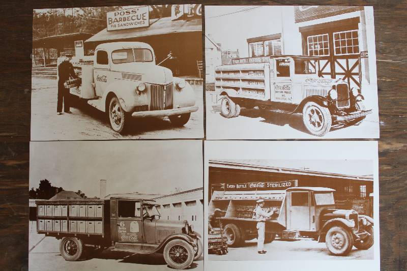 lot 7400 image: Lot of 4 Black and White Photo Prints Depicting Coca Cola Delivery Trucks- 14 x 11- Very Cool