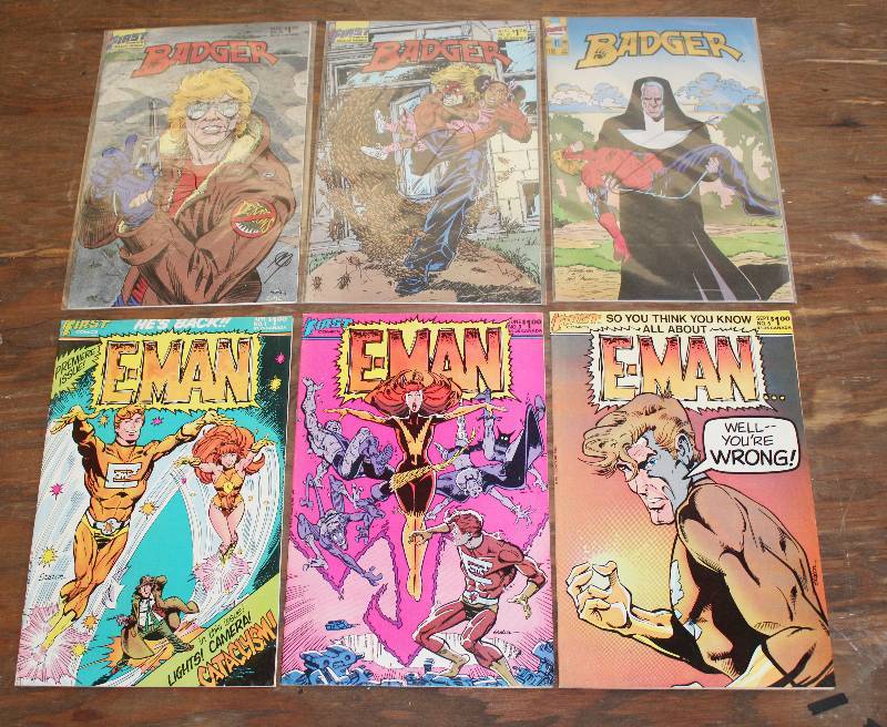 lot 7410 image: Lot of 6 Comic Books- 3 Badger and 3 EMan- Cool