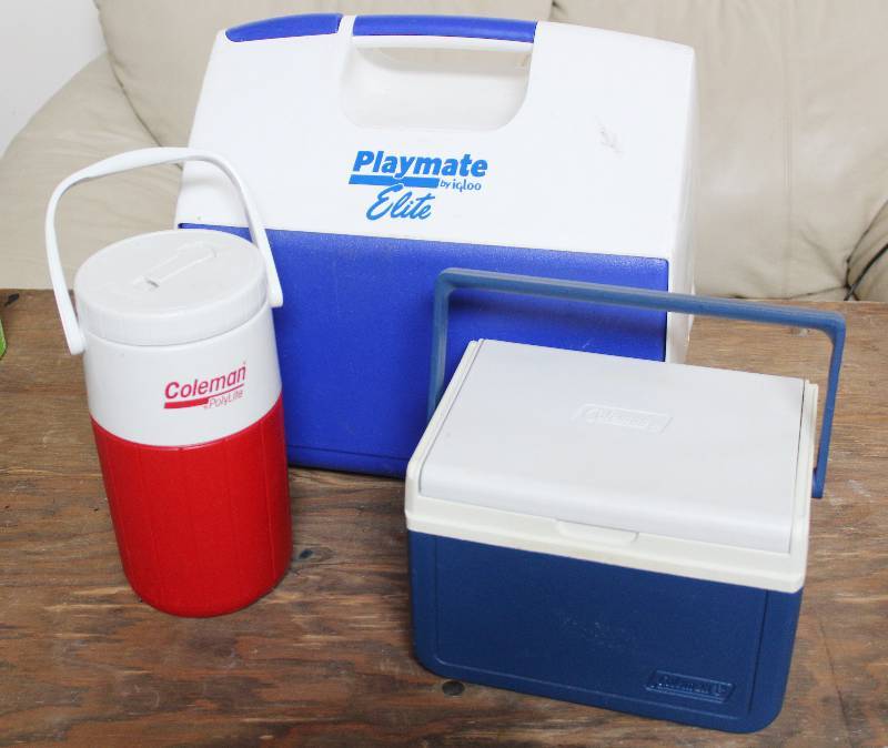 lot 7428 image: Coleman Water Jug and Ice Chest and One Igloo Playmate Elite Ice Chest- Perfect for the Lake