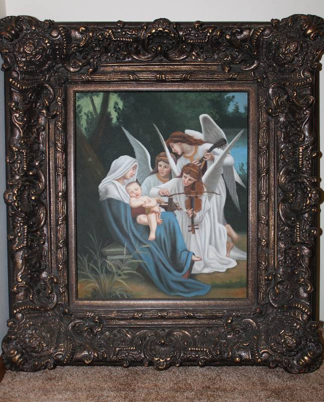 lot 7463 image: Oil on Canvas Angel Painting w Beautiful, Ornate Frame