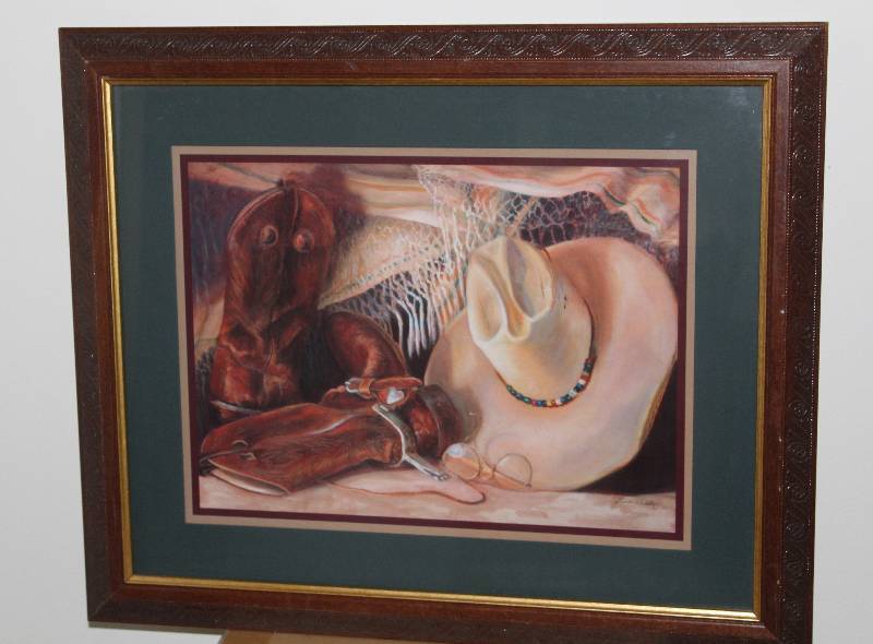 lot 7467 image: Framed in Glass of Cowboy Boots and Hat- Cute